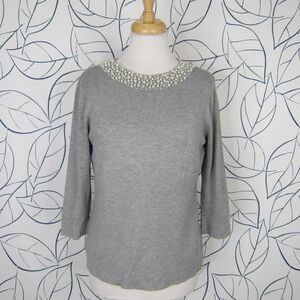 Karl Lagerfeld Paris Gray Faux Pearl Collar Sweater 3/4 Sleeve Women's Size M
